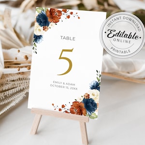 Terracotta, Navy Blue and Ivory Table Number Sign Template, Wedding Table Number • INSTANT DOWNLOAD • Editable, Printable Template, #137
