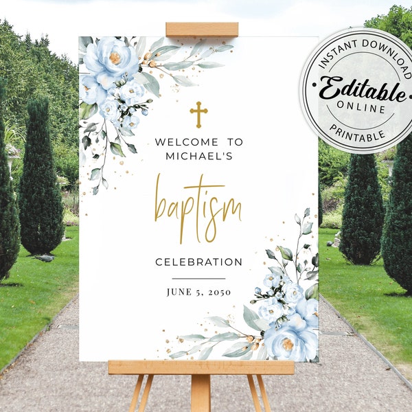 Blue Baptism Welcome Sign Template, Christening/Communion Welcome Sign Template • INSTANT DOWNLOAD • Editable, Printable Template, A118