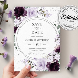 Purple and Lavender Save the Date Template, Floral Save the Date Template • INSTANT DOWNLOAD • Editable, Printable Template, A124