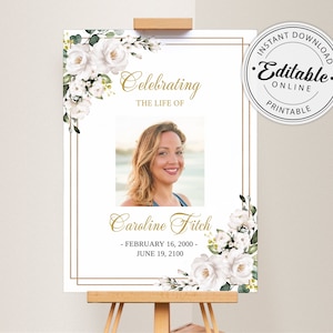 Editable Funeral Welcome Sign Template with White Roses, Printable Celebration of Life Poster, Instant Download
