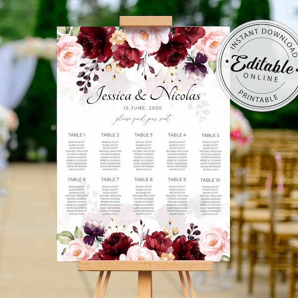 Burgundy Wedding Seating Chart Template, Marsala Floral Wedding Seating Plan • INSTANT DOWNLOAD • Editable, Printable Template, A115