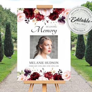 Editable Funeral Welcome Sign Template with Burgundy Roses, Printable Memorial Poster Template, Instant Download