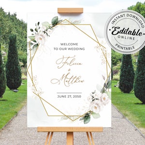Boho Greenery Wedding Welcome Sign Template with White Roses • INSTANT DOWNLOAD • Editable, Printable Template, A109