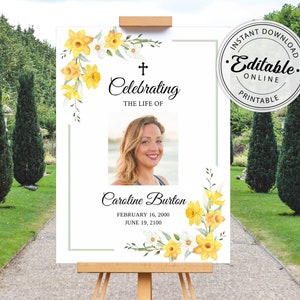 Funeral Welcome Sign Template with Daffodils, Celebration of Life Sign Template, Instant Download, Printable, Editable Template