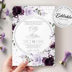 Purple Wedding Invitation Template, Wedding Invite with Purple and Lavender Roses • INSTANT DOWNLOAD • Editable, Printable Template, A124