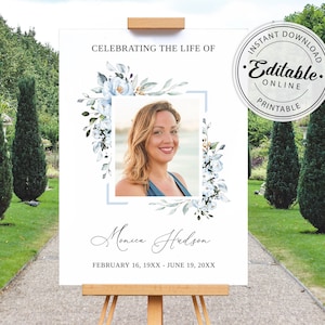 Editable Funeral Welcome Sign Template with Blue Roses, Printable Celebration of Life Poster, Instant Download