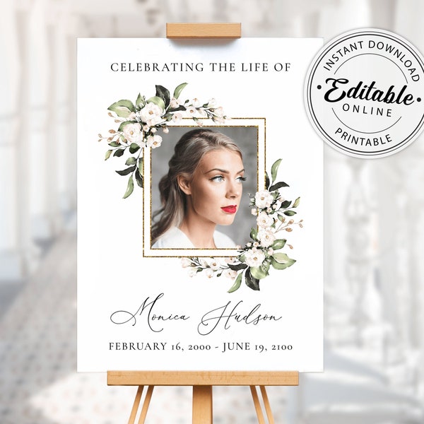 Editable Funeral Welcome Sign Template with White Flowers, Printable Celebration of Life Poster, Instant Download
