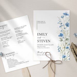 青い野花のウェディングファンプログラムテンプレート、結婚式の式次第 • 即時ダウンロード • 編集可能、印刷可能なテンプレート、#147