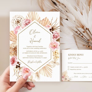 Faire-part de mariage bohème et modèle de carte RSVP, modèle d'invitation de mariage palmiers séchés • TÉLÉCHARGEMENT IMMÉDIAT • Modèles modifiables et imprimables, A128