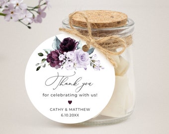 Purple Floral Favor Tag Template, Printable Thank You Stickers (Instant Download) A124