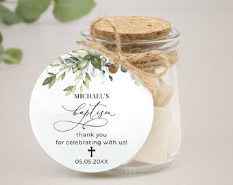 Greenery Baptism/Christening Favor Tag Template, Printable Stickers (Digital Download) A107