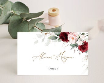 Burgundy and Blush Pink Wedding Place Cards Template, Floral Place Cards Flat and Tent Folded • INSTANT DOWNLOAD • Editable Template