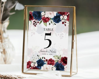 Dunkelblaue und weinrote Tischnummern Vorlage, Hochzeitstischnummer Schild • SOFORTIGER DOWNLOAD • Bearbeitbare, druckbare Vorlage, A123