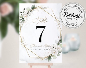 Greenery Wedding Table Numbers Template, Table Number Signs with White Roses • INSTANT DOWNLOAD • Editable, Printable Template, A109
