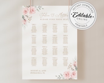 Wedding Seating Chart Template with Pale Pink Roses • INSTANT DOWNLOAD • Editable, Printable Template, #126