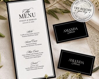Modern Wedding Menu & Place Card Template Set, Menu, Thank You Note and Name Cards, Editable, Printable Instant Download #157