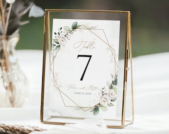Hochzeit Tischnummern Vorlage mit grünen und weißen Rosen (Digitaler Download), A109