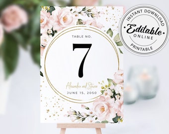 Blush Pink Wedding Table Numbers Template, Floral Table Number • INSTANT DOWNLOAD • Editable, Printable Template, A117