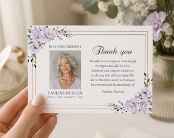 Lavender Roses Funeral Thank You Card Template, Editable, Printable Instant Download