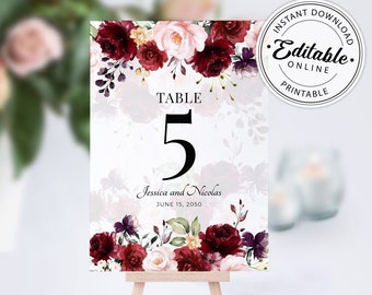 Burgundy Wedding Table Numbers Template • INSTANT DOWNLOAD • Editable, Printable Template, A115