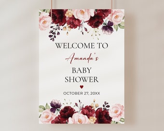 Plantilla de letrero de bienvenida para baby shower color burdeos • DESCARGA INSTANTÁNEA • Plantilla editable e imprimible, A115