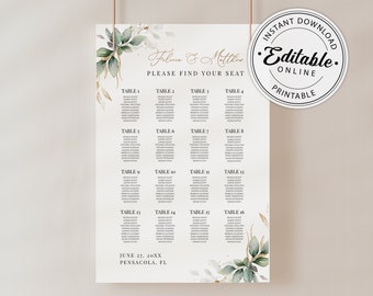 Plantilla de plano de asientos para boda con vegetación bohemia • DESCARGA INSTANTÁNEA • Plantilla editable e imprimible, A112