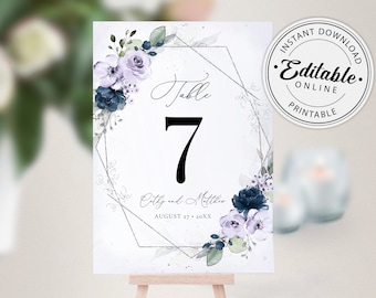 Lavender and Navy Blue Wedding Table Numbers Template, Floral Table Numbers • INSTANT DOWNLOAD • Editable, Printable Template, A129