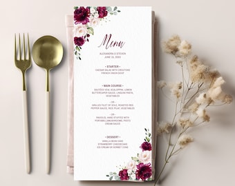Boho-menusjabloon met bordeauxrode rozen (bruiloft, vrijgezellenfeest, diner, brunch) • DIRECT DOWNLOADEN • Bewerkbare, afdrukbare sjabloon, A106