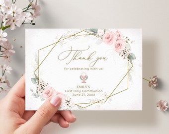Communion Pink Thank You Card Template, Thank You Note Template • INSTANT DOWNLOAD • Editable, Printable Templates, #126