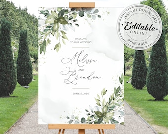 Boho Greenery Wedding Welcome Sign Template with Eucalyptus • INSTANT DOWNLOAD • Editable, Printable Template, A107