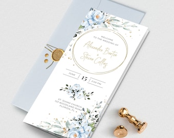 Blue Roses Trifold Wedding Program Template (Digital Download) A118