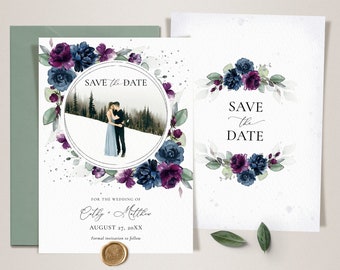 Purple and Navy Blue Wedding Save the Date Template • INSTANT DOWNLOAD • Editable, Printable Template, A131