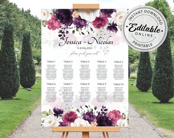 Purple, Fuchsia, and White Roses Wedding Seating Chart Template (Digital Download) A116