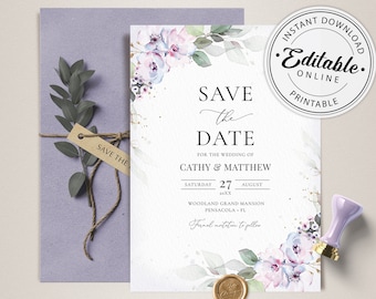 Lavender Floral Save the Date Template, Editable Printable (Instant Download) #101