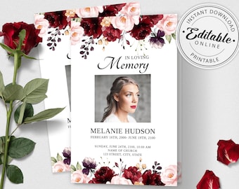 Editable Funeral Program Template with Burgundy Roses, Floral Memorial Program Template, Printable Funeral Program, Obituary Program