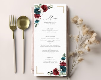 Burgundy and Dark Teal Wedding Menu Template, Printable Editable (Instant Download) #103