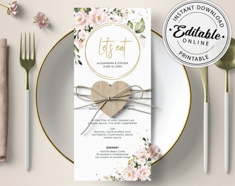 Blush Pink Roses Menu Template, Editable Printable (Digital Download) A117