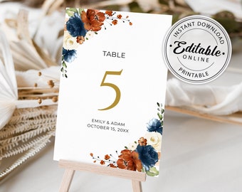 Terracotta and Navy Blue Floral Wedding Table Number Template (Digital Download) #137