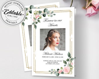 Funeral Program Template, Memorial Program Template, Printable Order of Service, Editable Floral Funeral Program Template, Obituary Program