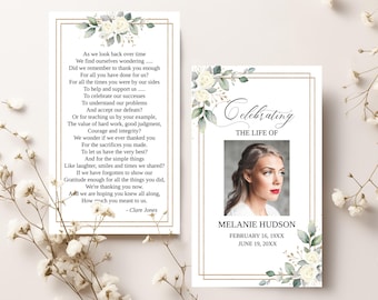 White Roses Funeral Prayer Card Template, Memorial Keepsake (Instant Download)