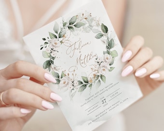 Greenery Wedding Invitation Template with White Roses (Instant Download) A109