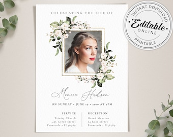 Funeral Announcement Card Template, Funeral Invitation Template, Editable, Printable Memorial Service/Reception Card Template