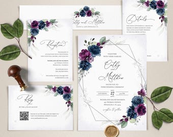 Purple and Navy Blue Floral Wedding Invitation Template Bundle, Editable Printable Digital Download A131