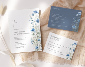 Blue Wildflowers Wedding Invitation Suite Template, Wedding Invite Set Template • INSTANT DOWNLOAD • Printable, Editable Template, #147