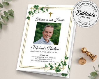 Funeral Program Template with Shamrocks, Editable Irish Memorial Program Template, Order of Service, Printable Obituary Program
