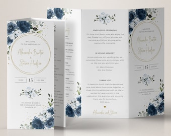 Trifold Wedding Program Template with Navy Blue Roses • INSTANT DOWNLOAD • Editable, Printable Template, #144