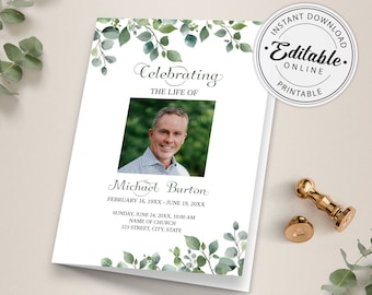 Greenery Funeral Program Template (Editable, Printable Digital Download)