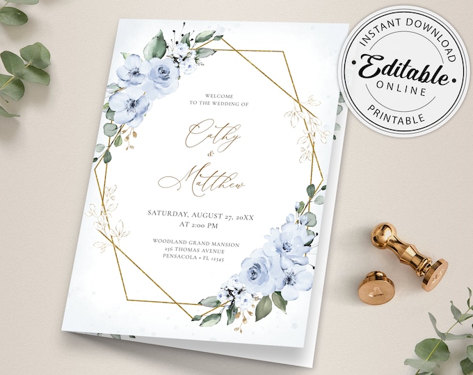 Folded Wedding Program Template With Dusty Blue Roses, Wedding Order of