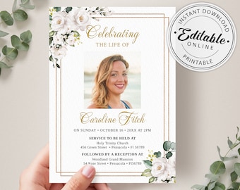 Funeral Announcement Card Template, Funeral Invitation Template, Editable, Printable Memorial Service/Reception Card Template
