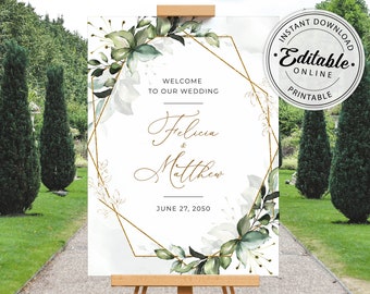 Plantilla de letrero de bienvenida para boda con vegetación bohemia • DESCARGA INMEDIATA • Plantilla editable e imprimible, A105